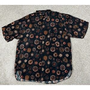 Vintage Silk Club Shirt Mens Extra Large Black Brown‎ Geometric Art Abstract 90s